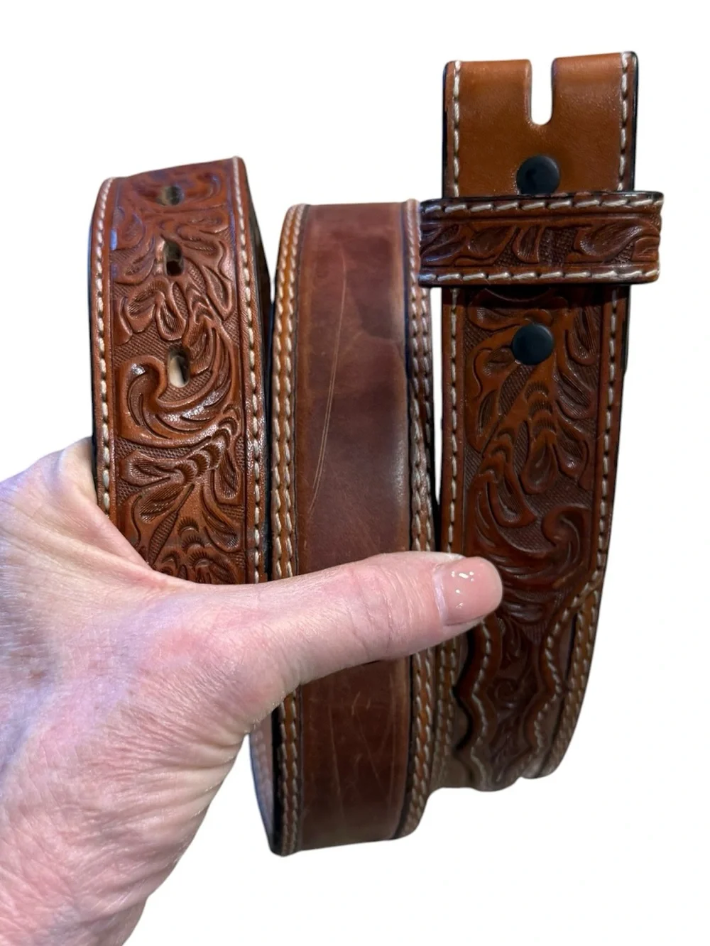 3D Men’s 38 Tooled Brown Leather Belt Only Hand Tooled Ends
